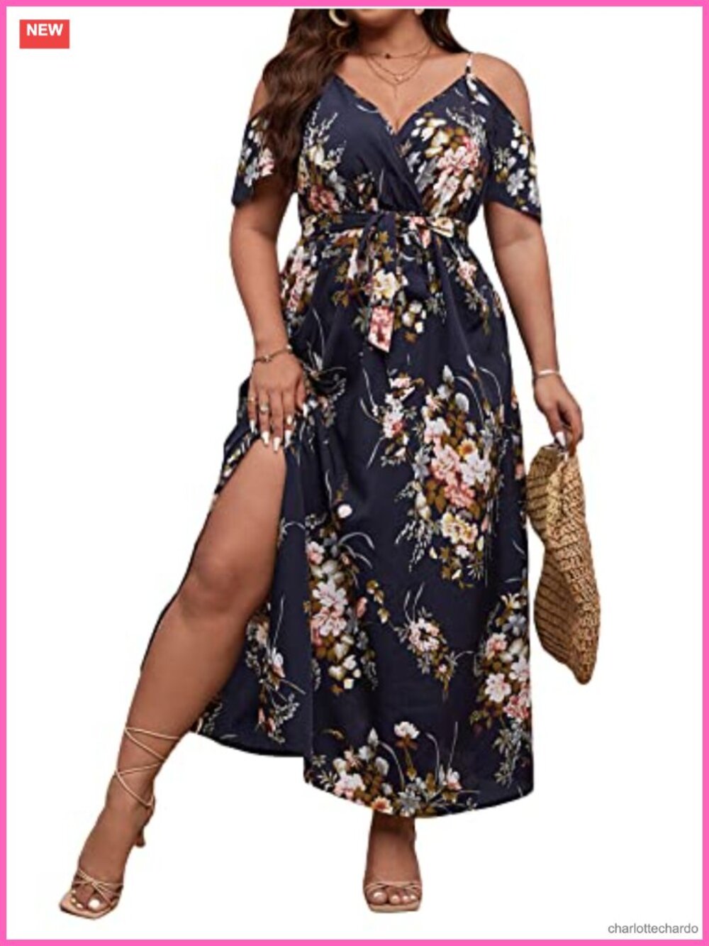 Plus Size Cold Shoulder Split Thigh Floral Maxi Dress Belted